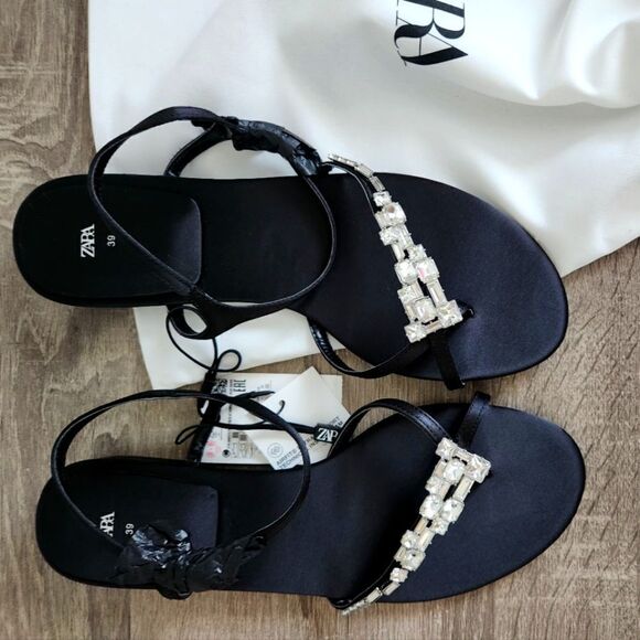 NEW ZARA WOMEN’S EMBELLISHED FLAT SANDALS INSATIN EFFECT FABRIC WITH THIN STRAPS - Picture 1 of 5